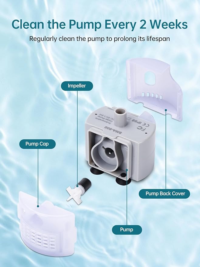 Cat Water Fountain Pump, Replacement Pump for 2L/ 3.2L / 4L Stainless Steel Cat Water Fountain, Ultra Quiet Fountain Pump SMA-800 Submersible Motor with IP68, Low Power Consumption 1.5W and USB Cable