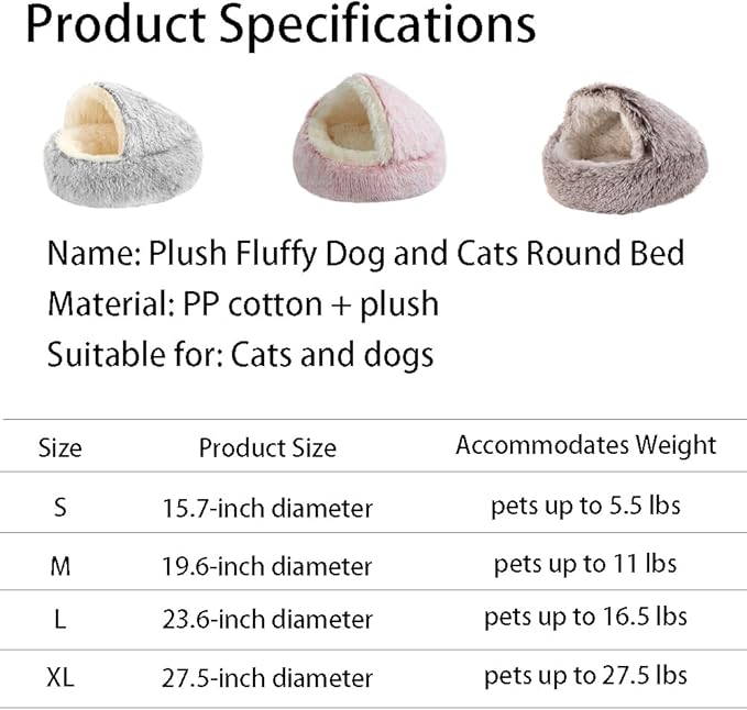Plush Fluffy Dog and Cats Round Bed, Ultra-Soft Plush with Raised Rim, Non-Slip Bottom, Plush Cat Bed with A Cover, for Small Dogs and Cats (Pink, Medium)