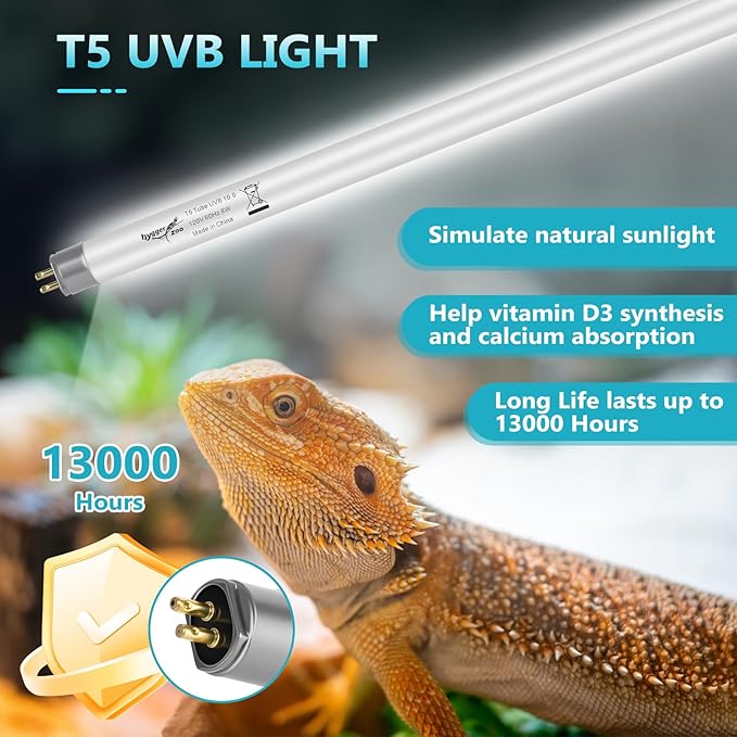 T5 UVB Reptile Light 8W 10.0 + UVA Light Bulb for Reptiles, 2-Pack Lamp Tube for Bearded Dragon, Desert-Grade Reptile UVB lamp Fixture