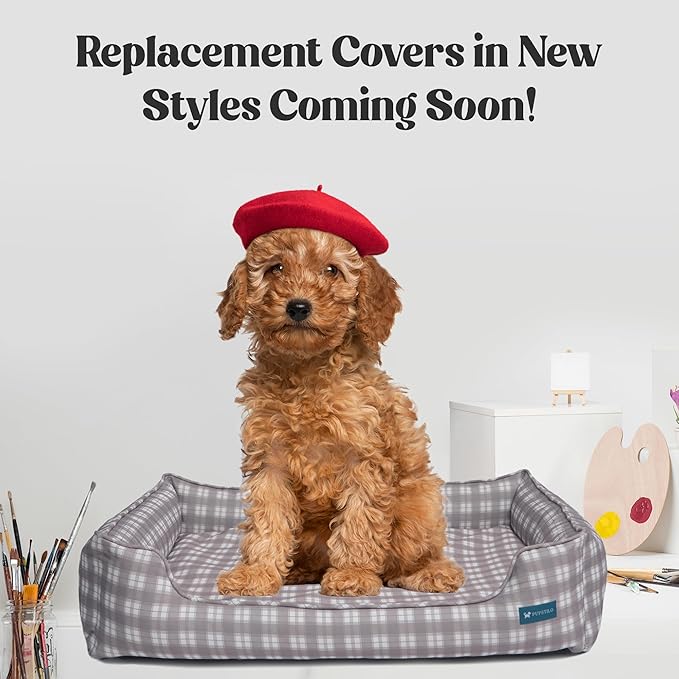 Orthopedic Bolster Dog Bed β CertiPUR-US Foam, Recycled Polyester Canvas, Washable Cover, Anti-Slip Bottom, Large, Light Blue Check β Stylish Designer Dog Sofa