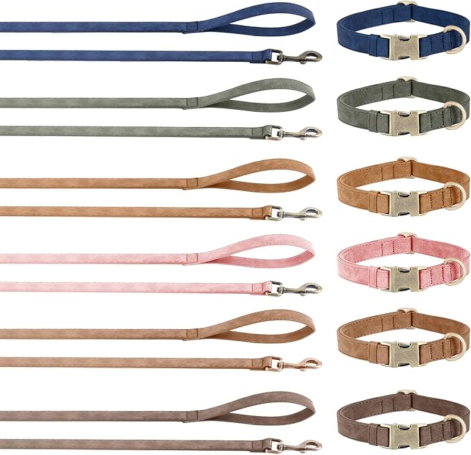Genuine Leather Dog Collar - Adjustable Pet Collar with Quick Release Metal Buckle, Soft Skin Friendly Real Leather Collar for Small, Medium, Large Dogs (Khaki Collar + Rope, S:Fit 8-16" Neck)