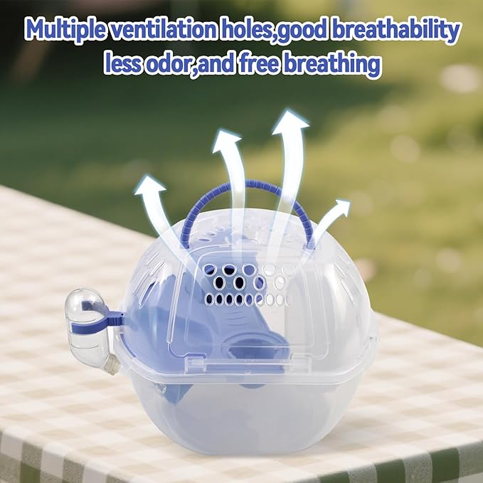 Hamster Carrier with Water Bottle,Portable Hamster Travel Cage,Breathable Rat Travel Carrier with Exercise Wheel Food Plate Acrylic Small Animal Carrying Case for Little Rats Mice (Blue)