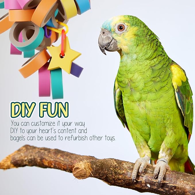 Skyygemm 180 Pcs 1.85 Inch Bagels Bird Toys for Parrots Cardboard Bird for Chewing Shredding Foraging Play Foot Wooden Parrot Toys for Medium and Large Macaws Cockatoos