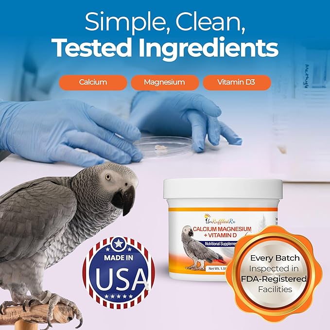 UnRuffledRx™ Bird Calcium Plus with Magnesium and D3, Dissolves Clear and Tasteless in Water, Supports Bone, Muscle, Feather and Egg Health, 45 Servings, Made in FDA-Registered USA Facility