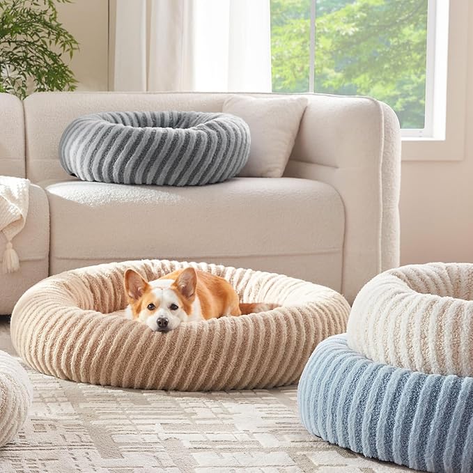 MIXJOY Dog Bed Medium Size Dogs, Washable Medium Dogs Bed with Removable Cover, Cozy Donut Dog Ded Fluffy Plush Faux Fur Pet Bed with Anti-Slip Bottom, 30"x30"x8", White