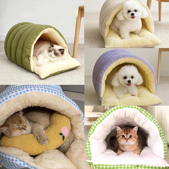Expectation Cat Bed, Removable and Washable Winter Closed-Off Cat Bed, Soft Fluffy Warm Autumn/Winter Cats House, Washable Non-Slip Pet Sleeping Bag for Indoor Cats Small Dogs (G,Large)