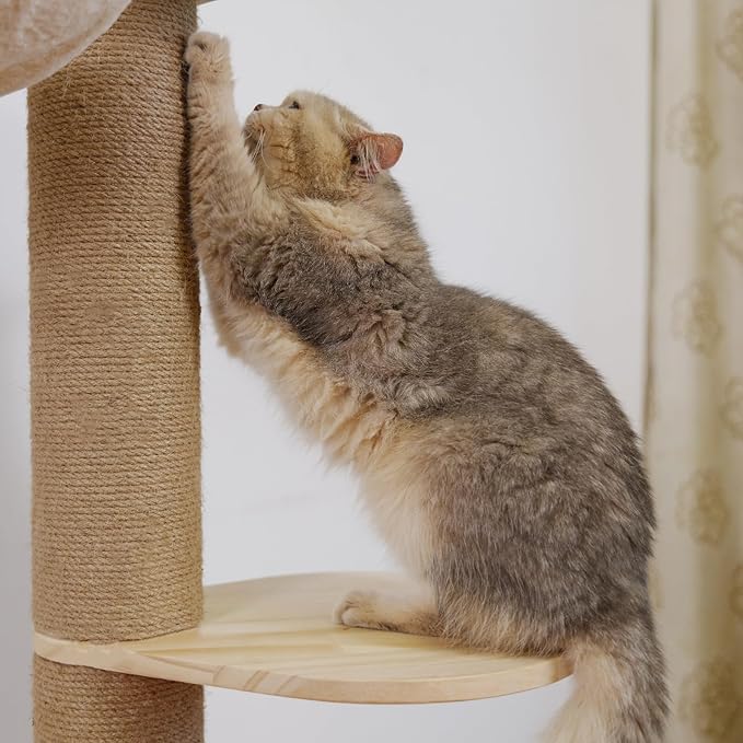 Floor to Ceiling Cat Tree Height (50-120 in) Adjustable Cat Tower 5 Tier Hemp Scratching Post High Cat Tree Sturdy Activity Tree Indoor Outdoor Cat Scratching Post Activity Center