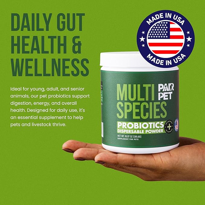 Pet Probiotics for Dogs, Cats, Horses, Goats, Cows & Pigs | Multi Species Dispersible Powder | Supplements for Digestive Health | Cat & Dog Probiotics | Vet Approved & Made in USA | 20 oz | Pair Pet