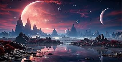 24X16IN Cosmic Spaceterrarium Background, Cool Parallel Space Themed Aquarium Reptile Habitat Background, Red Moon Aquarium Background with 10EVA Double-Sided Tape