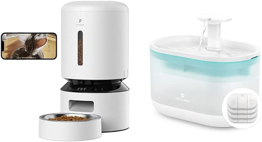 PETLIBRO 5G WiFi Cat Feeder with Camera, 2-Way Audio, Low Food & Blockage Sensor, Motion & Sound Alerts + Cat Water Fountain 71fl oz/2.1L with Two Flow Modes, Visible Water Level, 4 Large Filters