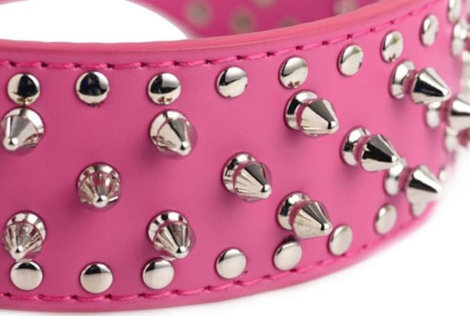 Serijoars Spiked Studded Dog Collar, PU Leather Dog Collar, Adjustable Pet Collars for Medium or Large Breed Pet (L, Hot Pink)