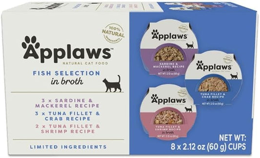 Applaws Natural Wet Cat Food, 8 Count, Limited Ingredient Cat Food Pots, Fish Variety Count in Broth, 2.12oz Pots