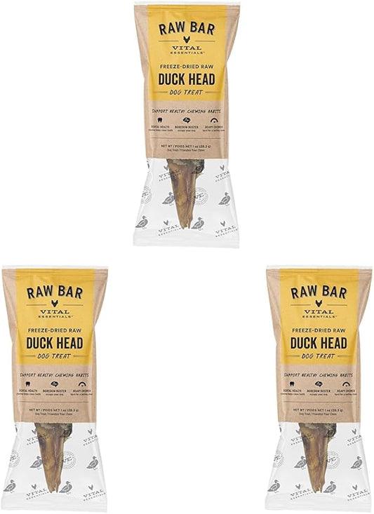 Vital Essentials Freeze-Dried Raw Duck Head Dog Treat & Long-Lasting Natural Chew, 3-Pack | Single Ingredient Dog Treat for Aggressive Chewers | Made in USA