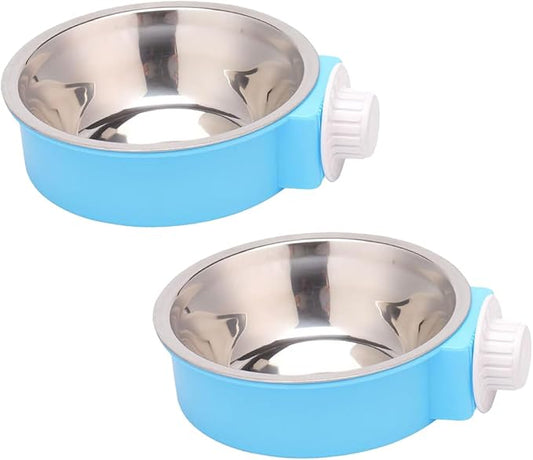 2Pcs Pets Lightweight Stainless Steel Bowl,Removable Stainless Steel Pet Hanging Food Water Feeder Bowl Cage Coop Cup for Puppy Medium Dog Cat Rabbit Ferret Bird Gunea Pigs (Blue, M)