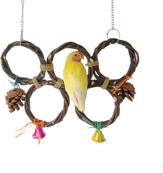 Circle Straw Bird Swing Stand Bird Perches Stand Hanging Chewing Toy for Parrots Bird Playground Cage Accessories Climbing Rope Net Ladders for Foraging Toys（Random Color） (5 Ring Single Row)