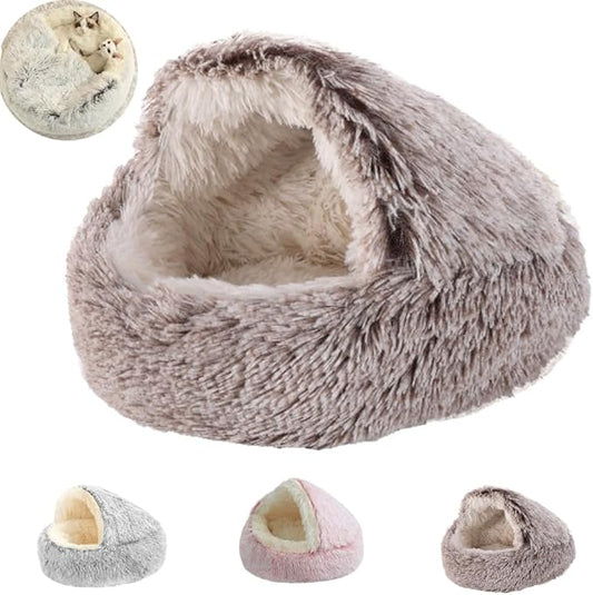 Plush Fluffy Dog and Cats Round Bed, Ultra-Soft Plush with Raised Rim, Non-Slip Bottom, Plush Cat Bed with A Cover, for Small Dogs and Cats (Brown, Small)
