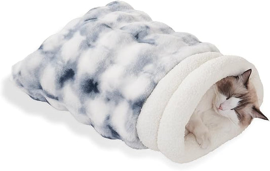 Cat Sleeping Bed for Indoor Cats Self Warming Cat Bag Fits up to 15 lbs Pets Soft Plush Warm Bed 360° Wrap Bag Washable Comfortable Pet Sleeping Bed 21" × 17" Blue White
