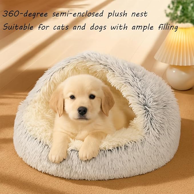 Plush Fluffy Dog and Cats Round Bed, Ultra-Soft Plush with Raised Rim, Non-Slip Bottom, Plush Cat Bed with A Cover, for Small Dogs and Cats (Pink, Medium)