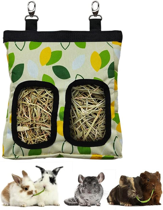 Guinea Pig Hay Feeder, Hanging Rabbit Hay Feeder Bag for Guinea Pigs Bunnies Chinchillas. M, Green Leaves