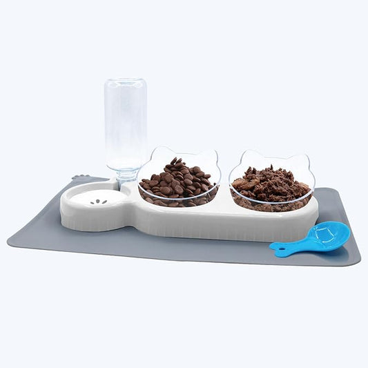 Triple Cat Bowls with Water Dispenser, Pet Whisker Friendly Water and Food Bowl Set with Non-Slip Mat, 15° Tilted Double Feeding Bowls, Elevated Wet and Dry Food Dish for Kitten&Small Dog (White)