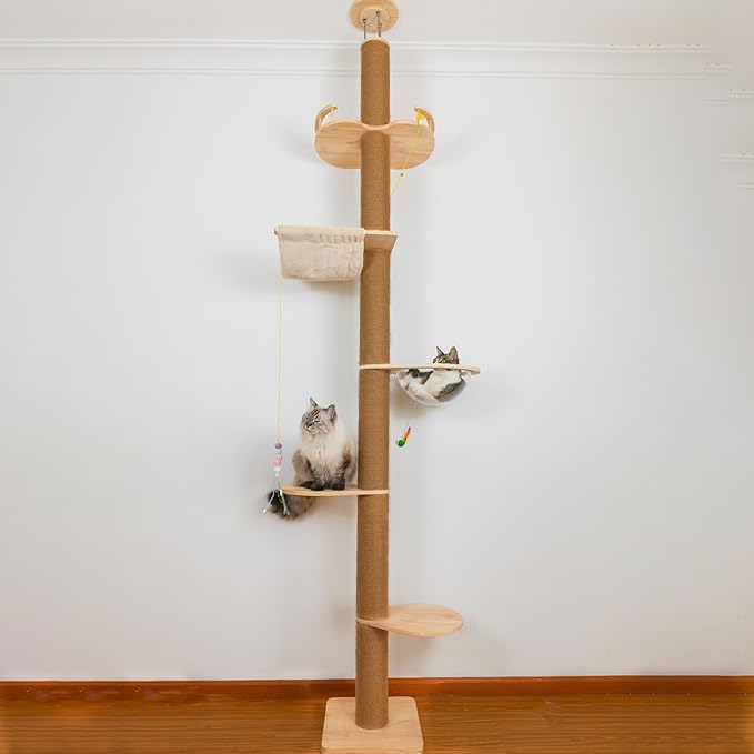 Floor to Ceiling Cat Tree Height (50-120 in) Adjustable Cat Tower 5 Tier Hemp Scratching Post High Cat Tree Sturdy Activity Tree Indoor Outdoor Cat Scratching Post Activity Center
