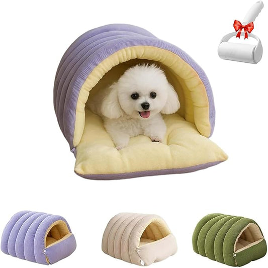 Removable and Washable Winter Closed-Off Cat Bed, Cat Winter Cave, Cute Cat Beds for Indoor Cats, Disassembled Design for Easier Cleaning, with Hair Remover (Purple, 17.7 * 11.8 * 7.5 in)