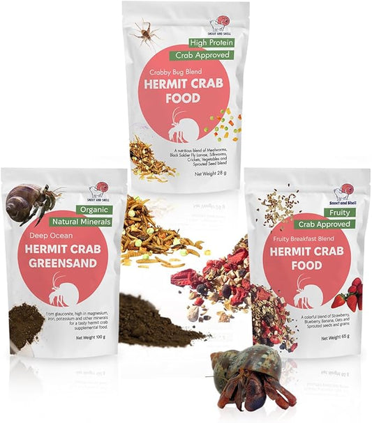 Snout and Shell Hermit Crab Food Bundle – Fruity Breakfast Blend, Crabby Bug Blend & Greensand – Organic, High Protein, Natural Minerals – Complete Nutrition for Healthy Shell Growth & Vitality
