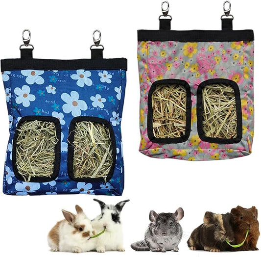 Guinea Pig Hay Feeder, Hanging Rabbit Hay Feeder Bag for Guinea Pigs Bunnies Chinchillas. Little Flower + Blue Flower，2 Count
