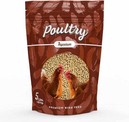 Mycelium Poultry Super Flock Food | High Protein Bird Food with Vitamins & Corn for Chicken, Turkey, Duck & Geese | Supports Growth, Egg Production, Feather & Immune Health | 5 lb Bag