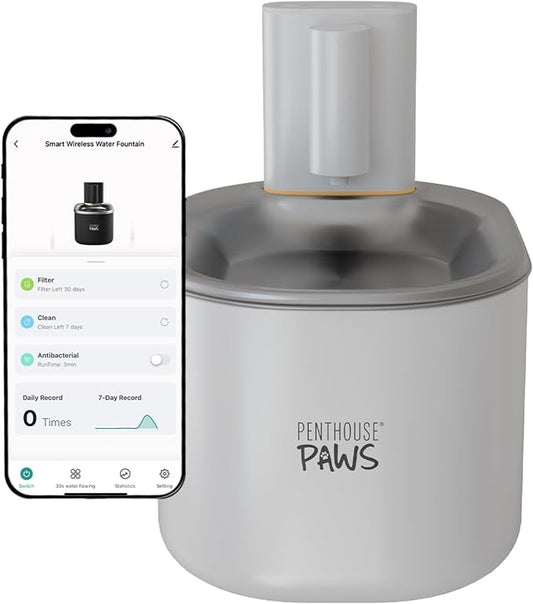 Penthouse Paws Smart Wireless Cat Water Fountain, 3.5L/118oz Automatic Pet Water Dispenser with App Control, Ultra Quiet & Filtered Flow for Cat & Dog