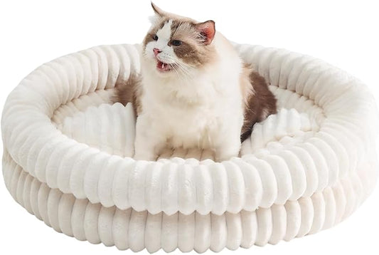 Extra Large Fluffy Cat Beds for Indoor Cats, Washable Round Orthopedic Dog Bed for Small Medium Dogs, Soft Fuzzy Pet Bed with Non-Slip Bottom, Cute Kitten Bed, 27.6x27.6x6.3 in, White