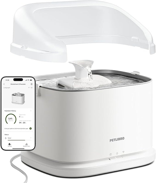 PETLIBRO Upgrade Cat Water Fountain with Splash Shield, Dockstream 2 Smart App Monitoring Pet Water Fountain for Cats Indoor, 3L/101oz Stainless Steel Tray for Drinking,Shield Prevent Water Spills