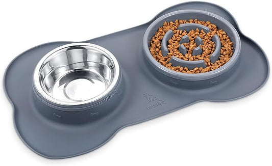 Pecute Slow Feeder Dog Bowls to Slow Down Eating, Dog Bowl Slow Feeder with No-Spill Non-Skid Silicone Mat, Food-Grade Safe Dog Food Bowls Slow Feeder, Stainless Steel Dog Water Bowl for Dogs Cats
