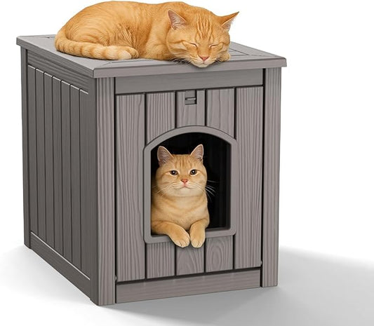 DRATO Outdoor Cat House -Weatherproof Resin Cat Houses for Outdoor Cats, Durable, Easy Assembly,cat igloo outdoor，Durable & Insulated Shelter for Garden, Patio, or Backyard（Grey，18.46*23.62*21.42）
