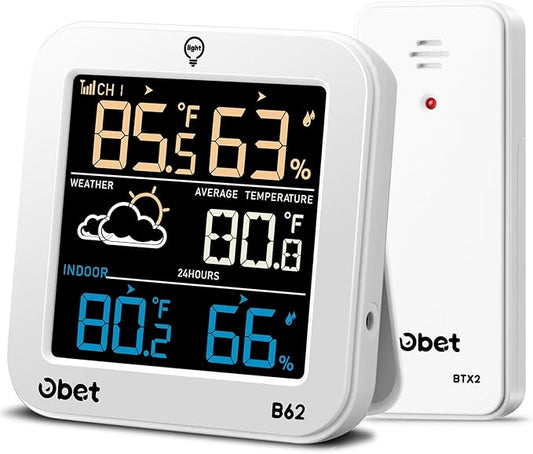 OBET Indoor Outdoor Thermometer Wireless Weather Station Temperature and Humidity Monitor Remote Thermometer Wireless Outdoor White