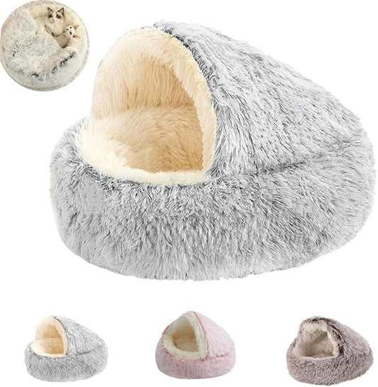 Plush Fluffy Dog and Cats Round Bed, Ultra-Soft Plush with Raised Rim, Non-Slip Bottom, Plush Cat Bed with A Cover, for Small Dogs and Cats (Gray, Small)