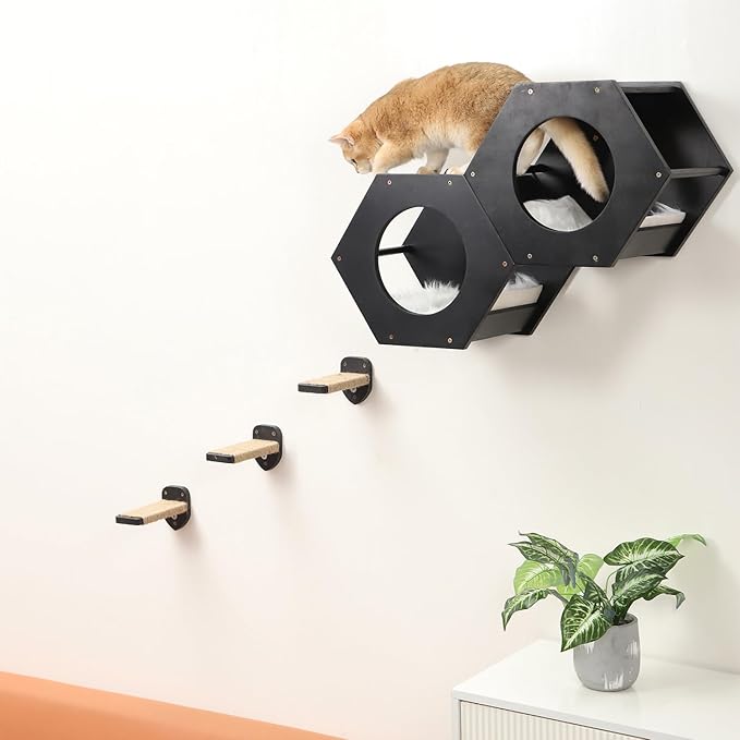 Cat Shelves with 3 Steps Scratcher Post & Hammock - Wall Mounted Climbing Shelf for Indoor Cats (Black)