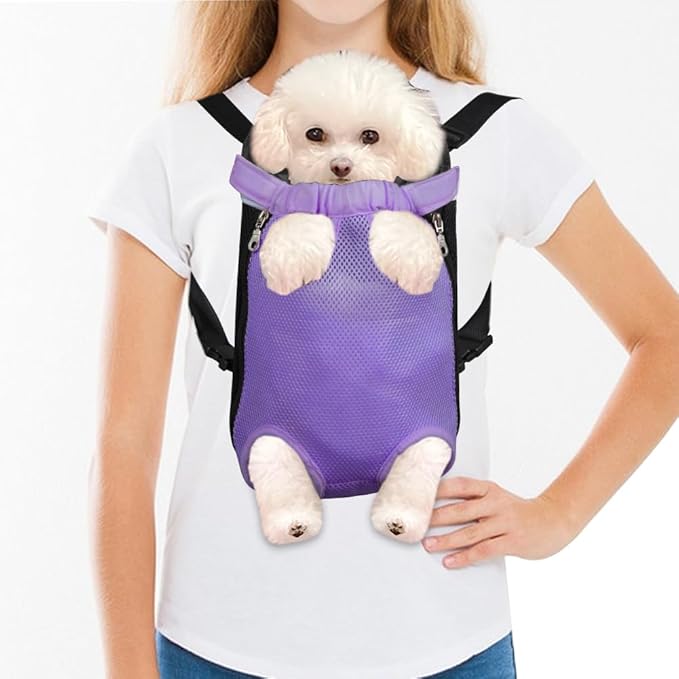 FEimaX Dog Carrier Backpack Pet Legs Out Front Cat Travel Bag, Adjustable Puppy Backpacks Carriers Hands-Free for Small Medium Dogs Cats Hiking Traveling Camping Daily Walking (Small, Purple)