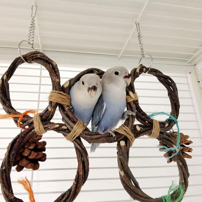 Circle Straw Bird Swing Stand Bird Perches Stand Hanging Chewing Toy for Parrots Bird Playground Cage Accessories Climbing Rope Net Ladders for Foraging Toys（Random Color） (5 Ring Single Row)