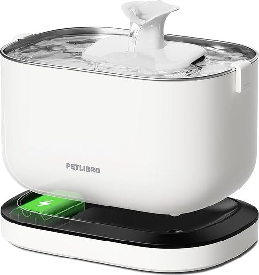 PETLIBRO Cordless Cat Water Fountain, Rechargeable Battery Operated Wireless Pet Water Fountain, 2.5L/84oz Cat Water Dispenser for Drinking with Quiet Pump Stainless Steel Tray Easy Clean BPA Free