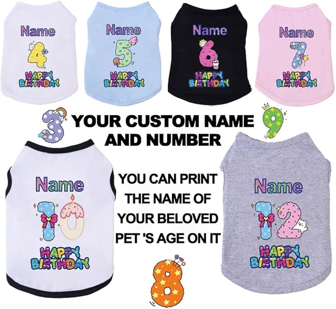 Custom Dog Birthday Shirt,Personalized Pet Apparel Print with Name Age Number,Pet Birthday Outfit,Lightweight Breathable Cotton Vest for Small Medium Large Dogs Cat (Grey, Large)