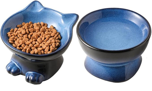 Nihow Elevated Cat/Dog Bowls Set : 5 Inch Ceramic Raised Cat Food and Water Bowl Set for Protecting Pet's Spine - Feeding & Watering Supplies for Pets- Elegant Blue & Black (2PC)