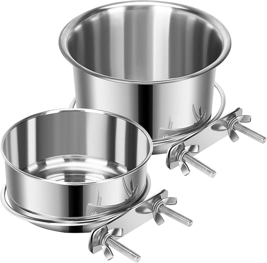 2 Pcs Small Pet Dog Food Water Bowl for Cage Stainless Steel Non-Spill Kennel Hanging Cats Pets Bowls with Clamp Holder Crate Feeder Dish for Small Dogs Pets (5.1x2.9'' & 4.7x1.9'')
