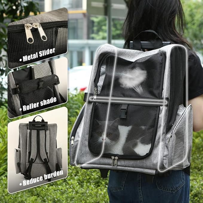 Pet Trolley Bag Cat Dog Travel Bag Portable & Breathable Pet Carrier Backpack - Lightweight Dual-Shoulder Design for Easy Travel with Your Beloved Companion Scalable Pull Rod pet Bag (Black)