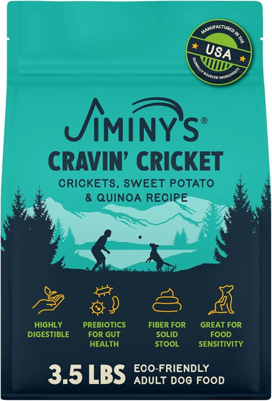 Jiminy's Cravin’ Cricket Dry Dog Food, Sensitive Stomach, Improved Gut Health, Probiotic & Prebiotic, Hypoallergenic, Lower Carbon Footprint, Made in USA, 3.5lb Bag (Pack of 1)