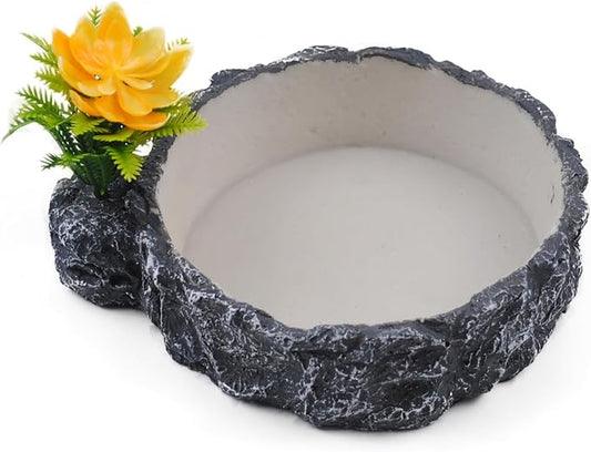 Reptile Food Bowl with Artificial Plant,Rock Reptile Water Dish Bearded Dragon Feed Terrariums Dish for Snake Tortoise Chameleon Hermit Crabs Turtle Leopard Gecko Frog