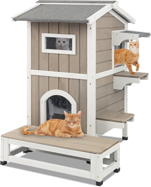 Outdoor Cat House Weatherproof, Wood Two Story Cat House with Openable Roof, 4 Doors, Balcony, Outside Indoor Pet House Feral Cats Shelter with Jumping Platforms for Small Animals, Grey