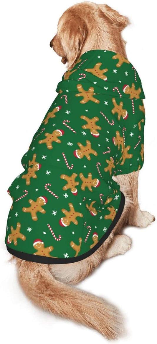 Green Christmas Gingerbread Men Candies Hoodie,Christmas Cosplay Dog Clothes with Pocket and Hat Winter Clothes Sweaters Medium