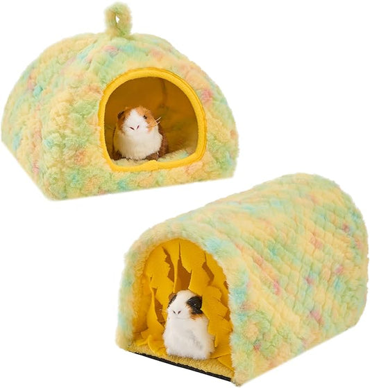 Avont 2 Pack Guinea Pig Hideout Bed and Tunnel Toys Set with Curtain, Washable Soft Plush Bunny Hideaway House Tube Cage Accessories for Small Animal Pet, Rabbits Chinchilla Hamster Ferret Rat -Yellow