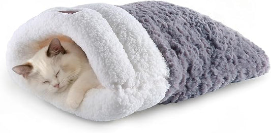Cat Sleeping Bag 4 in 1 Cute Self Warming Cat Bed Cave with Plush Portable Snuggle Sack/Hideway for Indoor Cats & Small Pets Grey 21×17 Inch